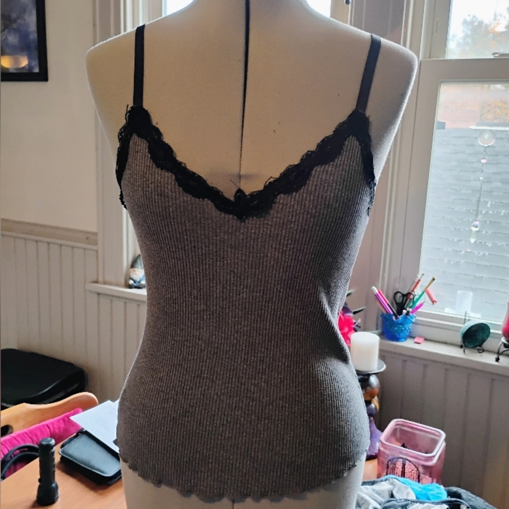 SHEIN Black Lace Trim Gray Ribbed Camisole